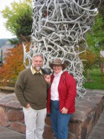 Marshall and Sharon at the Elk Antler arches in Jackson Hole, Wyoming, Oct 2002